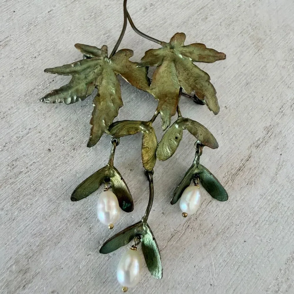 Michael Michaud Japanese Maple Leaf Freshwater Pearl Bronze Brooch